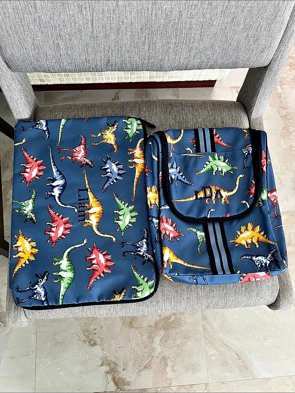 Personalized Pottery Barn Kids Mackenzie Blue Multi Dinos Toiletry and Wet Bag